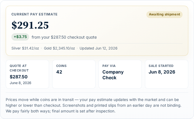 Close-up of current pay estimate card with spot prices