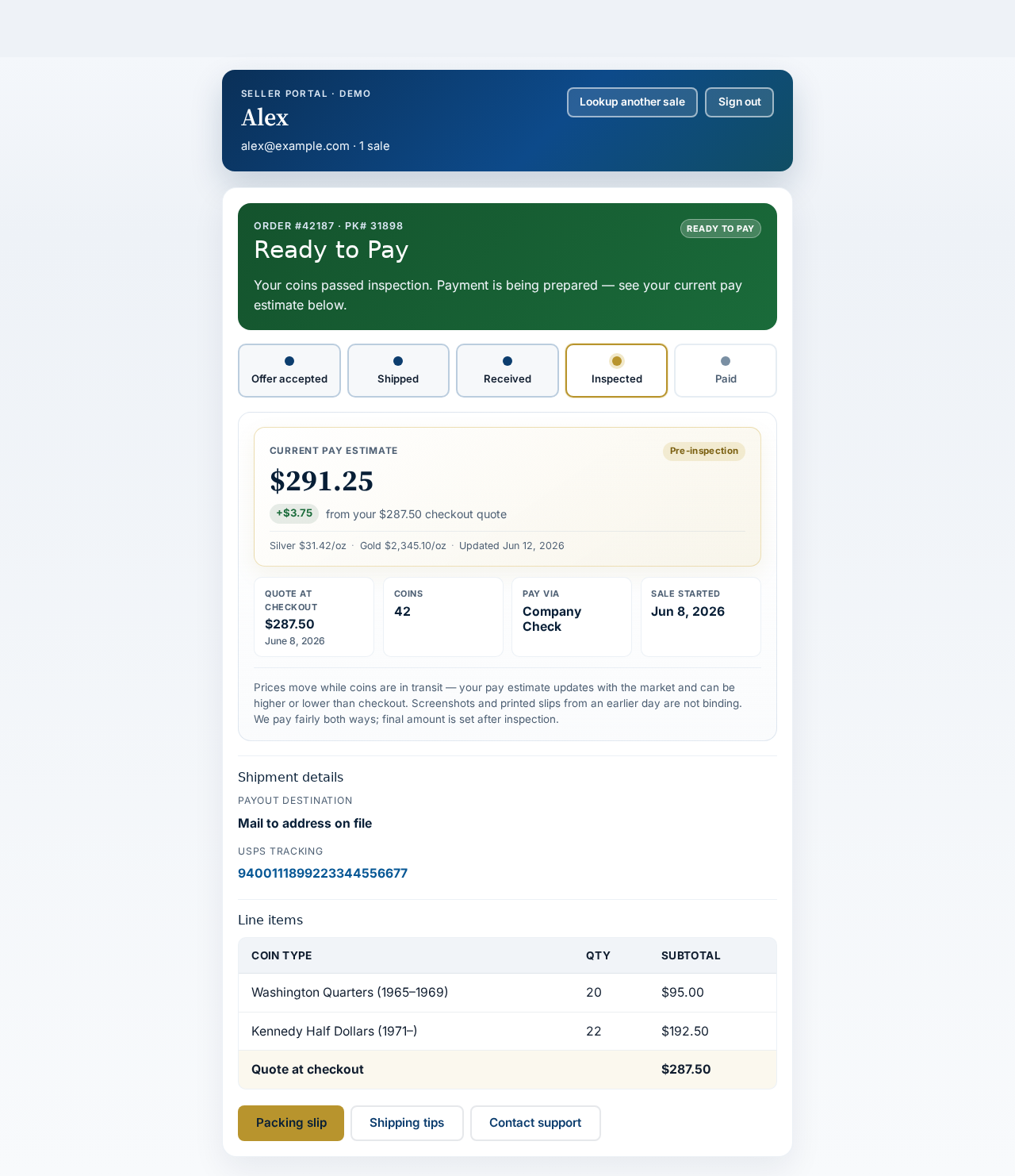 Seller portal ready to pay status after inspection