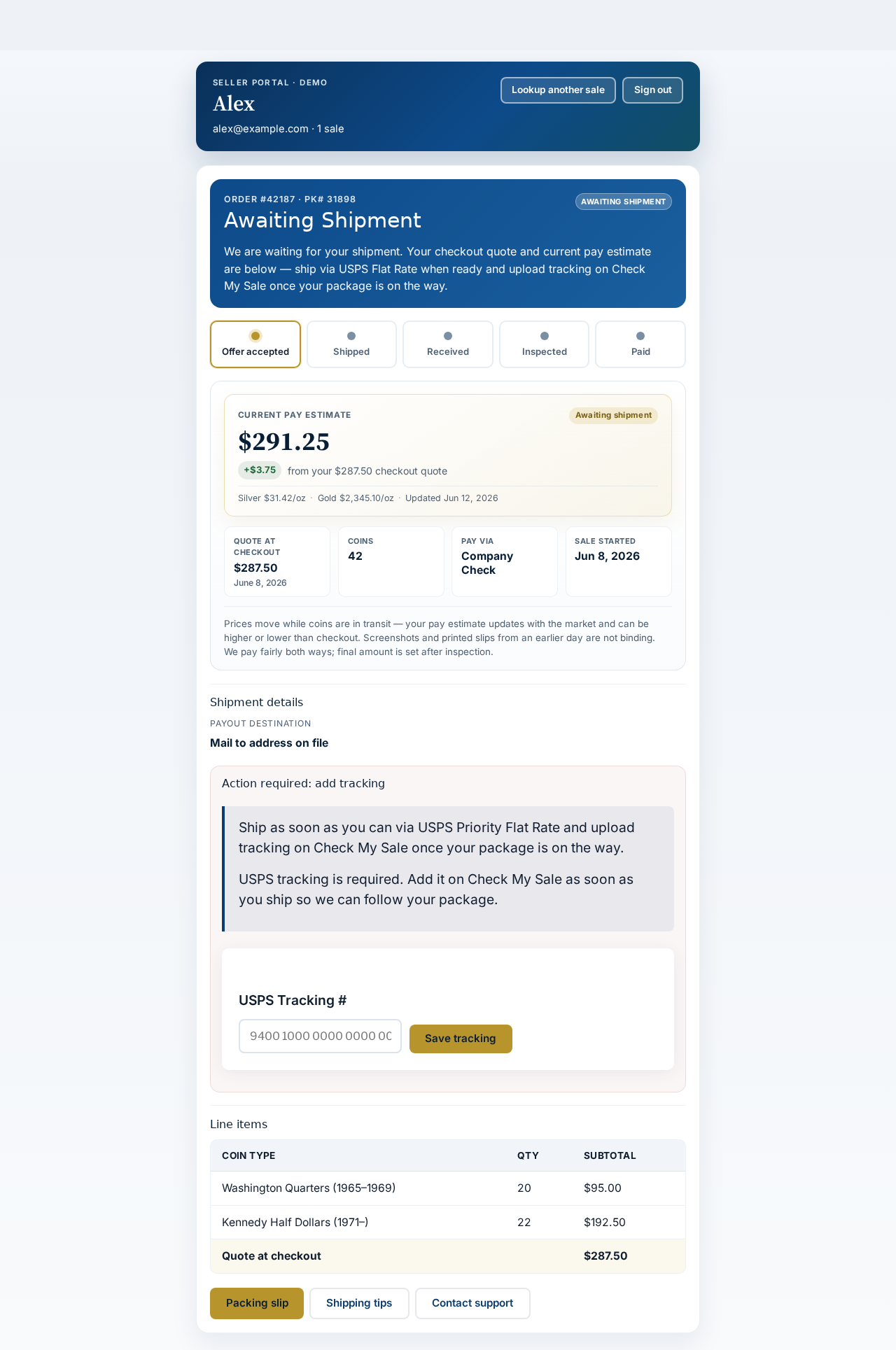 Seller portal awaiting shipment status with pay estimate and tracking form
