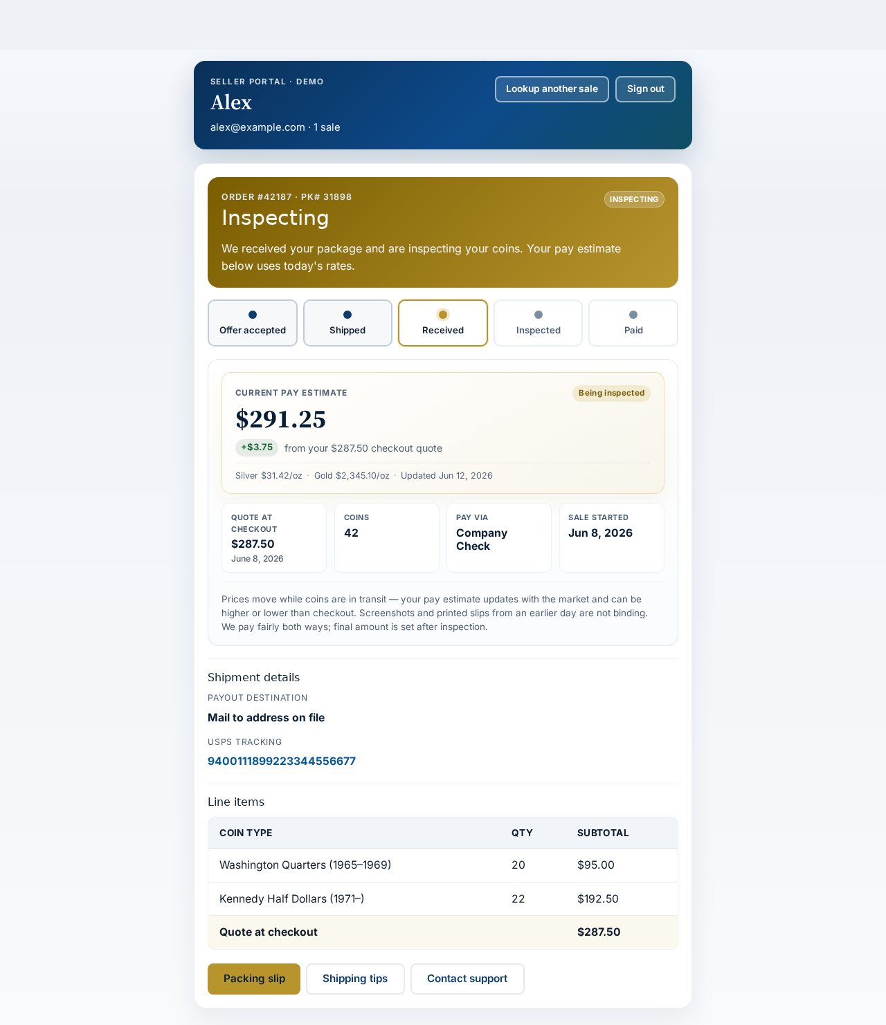 Seller portal inspecting status