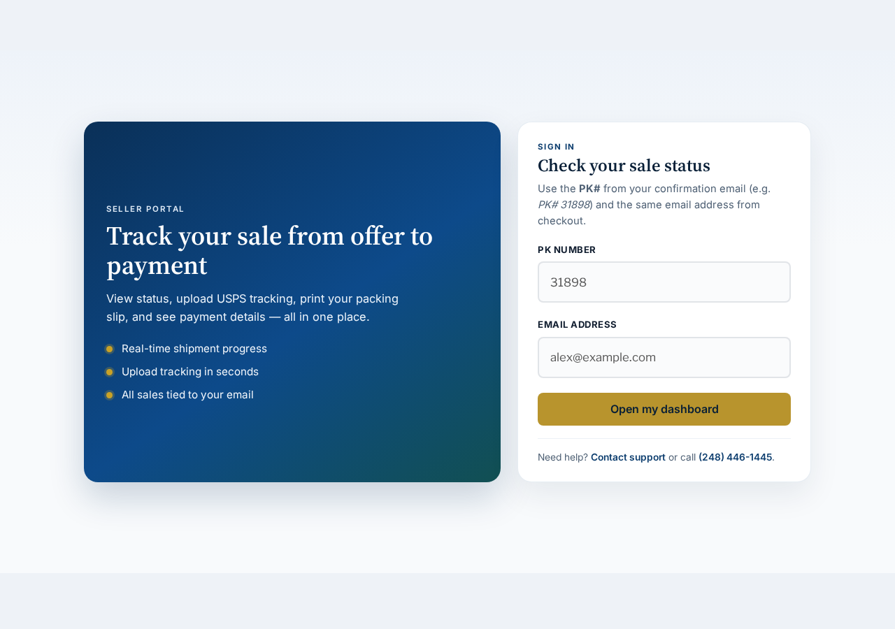 Check My Sale sign-in screen with PK number and email fields