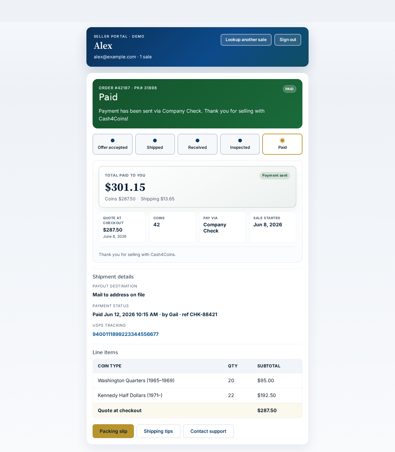 Seller portal paid status with total paid breakdown