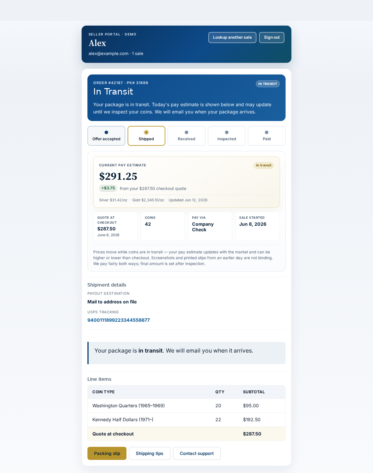 Seller portal in transit status with USPS tracking link